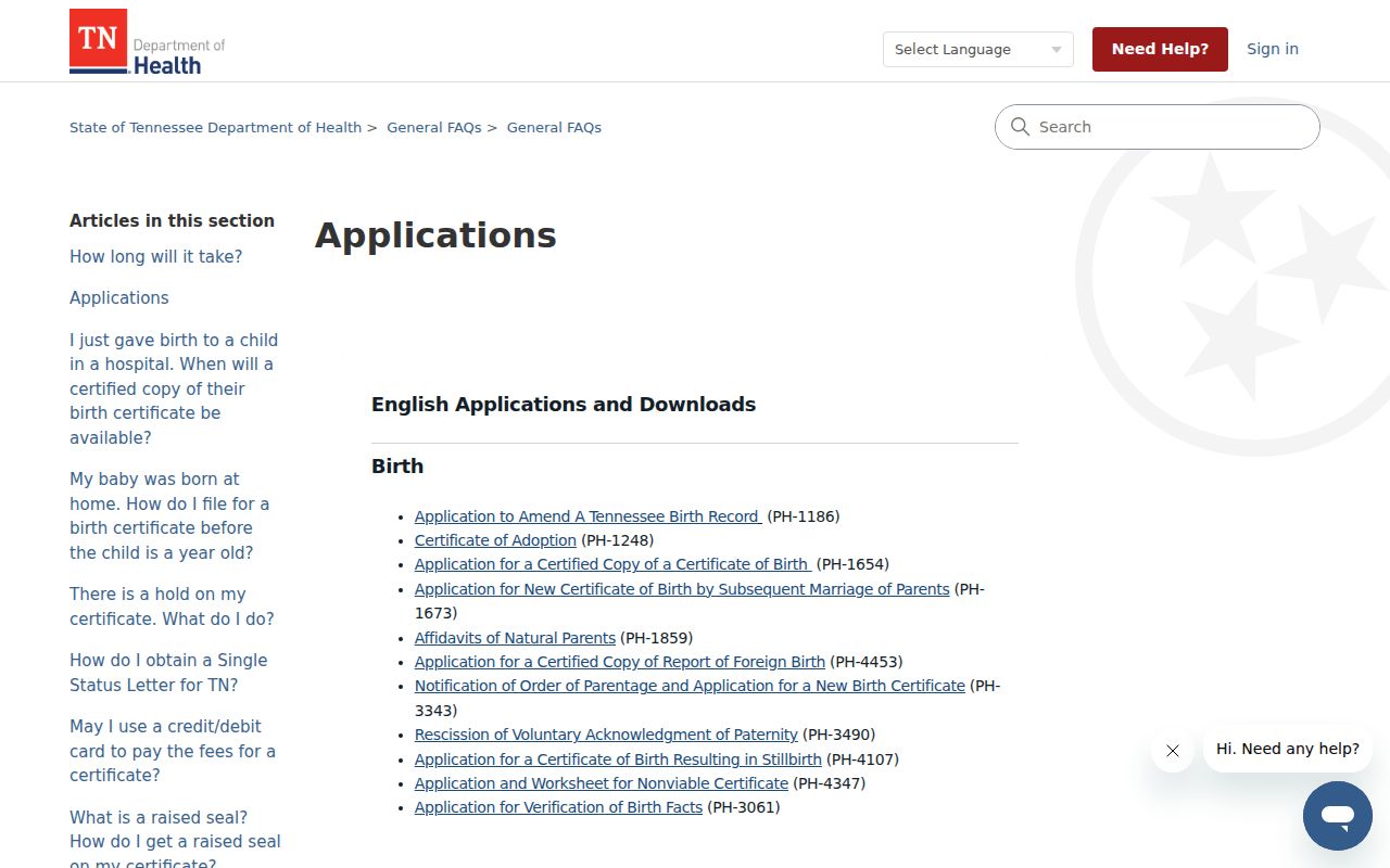 Murfreesboro resident lookup Tennessee Vital Records application list